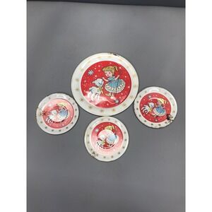 Vintage 1950s Ohio Art Tin Litho 4 Pc Tea Plates Mary Had A Little Lamb Bo Peep